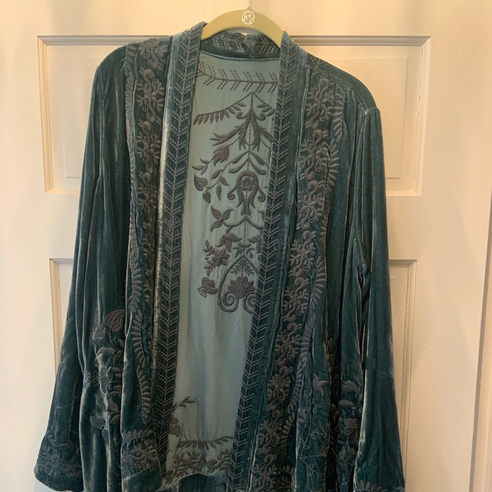 Teal velvet jacket from Sundance